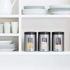 Set Of 3 Matt Steel Brabantia Window Kitchen Canisters