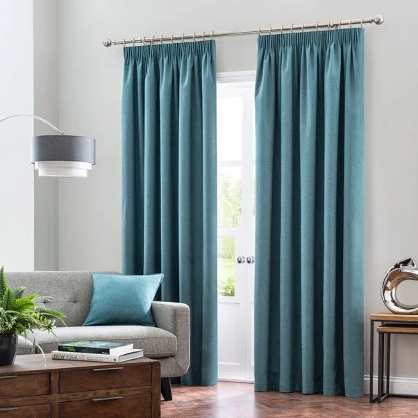 Dunelm Luna Teal Blackout Pencil Pleat Curtains 4 Dunelm Luna Teal Blackout Pencil Pleat Curtains - Image 2