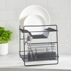 Dunelm 2 Tier Matt Black Dish Drainer And Cutlery Holder