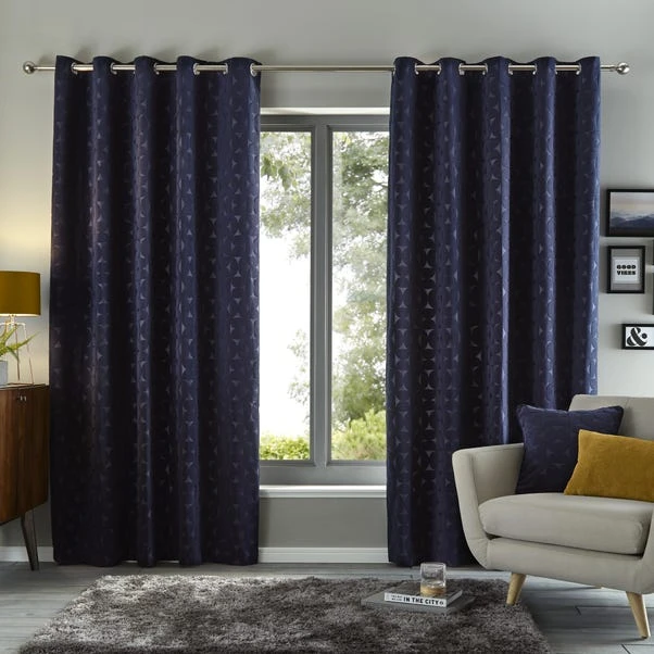 Elements Sten Geometric Velour Navy Eyelet Curtains 4 Elements Sten Geometric Velour Navy Eyelet Curtains - Image 2
