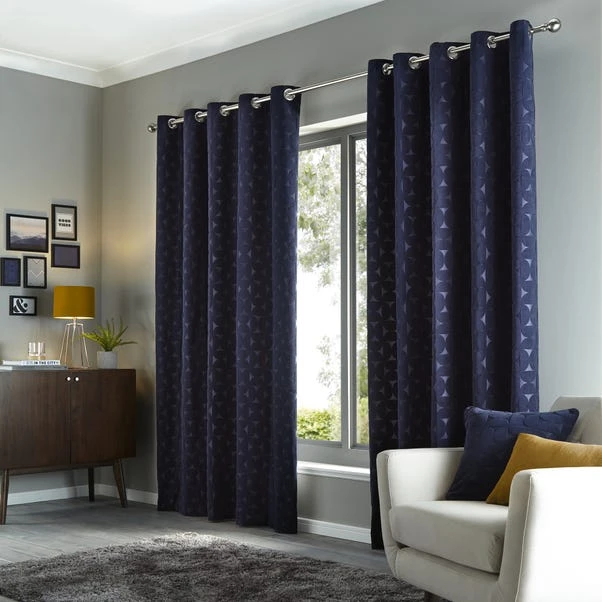 Elements Sten Geometric Velour Navy Eyelet Curtains 6 Elements Sten Geometric Velour Navy Eyelet Curtains - Image 4