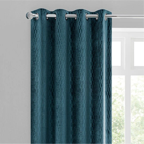 Dunelm Valencia Velvet Geometric Teal Eyelet Curtains 3 Dunelm Valencia Velvet Geometric Teal Eyelet Curtains