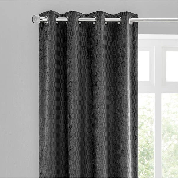 Dunelm Valencia Velvet Geometric Charcoal Eyelet Curtains 3 Dunelm Valencia Velvet Geometric Charcoal Eyelet Curtains