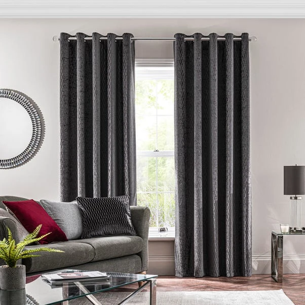 Dunelm Valencia Velvet Geometric Charcoal Eyelet Curtains 4 Dunelm Valencia Velvet Geometric Charcoal Eyelet Curtains - Image 2