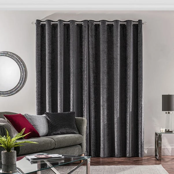 Dunelm Valencia Velvet Geometric Charcoal Eyelet Curtains 6 Dunelm Valencia Velvet Geometric Charcoal Eyelet Curtains - Image 4