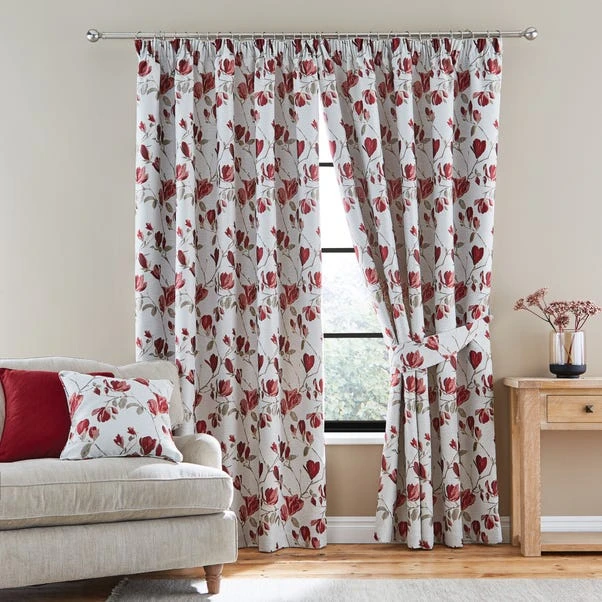 Dunelm Ellis Floral Jacquard Red Pencil Pleat Curtains 4 Dunelm Ellis Floral Jacquard Red Pencil Pleat Curtains - Image 2