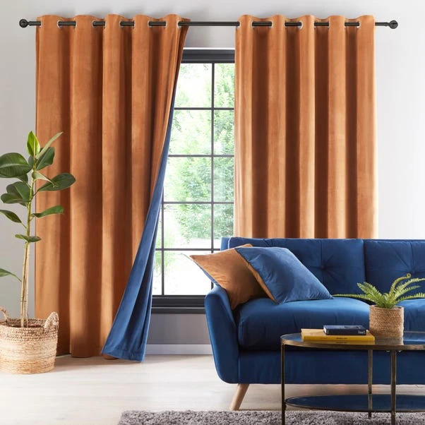 Dunelm Reversible Navy And Butterscotch Velour Eyelet Curtains 6 Dunelm Reversible Navy And Butterscotch Velour Eyelet Curtains - Image 4