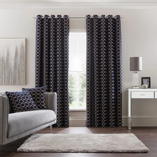 Luxury Collection Chenille Ogee Navy Eyelet Curtains 4 Luxury Collection Chenille Ogee Navy Eyelet Curtains - Image 2