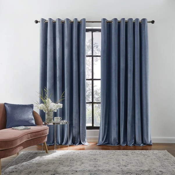 Dunelm Recycled Velour Folkstone Blue Eyelet Curtains 4 Dunelm Recycled Velour Folkstone Blue Eyelet Curtains - Image 2