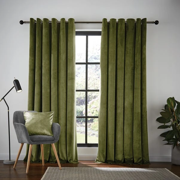 Dunelm Recycled Velour Olive Eyelet Curtains 4 Dunelm Recycled Velour Olive Eyelet Curtains - Image 2