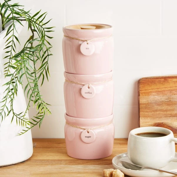 Dunelm Set Of 3 Blush Hang Tag Stacking Canisters 3 Dunelm Set Of 3 Blush Hang Tag Stacking Canisters