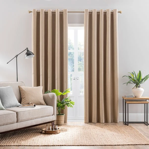 Dunelm Luna Brushed Dark Sand Blackout Eyelet Curtains 4 Dunelm Luna Brushed Dark Sand Blackout Eyelet Curtains - Image 2