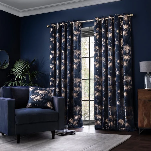 Dunelm Velour Tree Print Navy Eyelet Curtains 4 Dunelm Velour Tree Print Navy Eyelet Curtains - Image 2