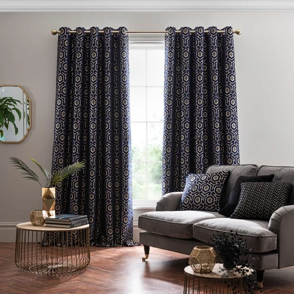 Dunelm Geo Cut Velvet Navy Eyelet Curtains 4 Dunelm Geo Cut Velvet Navy Eyelet Curtains - Image 2