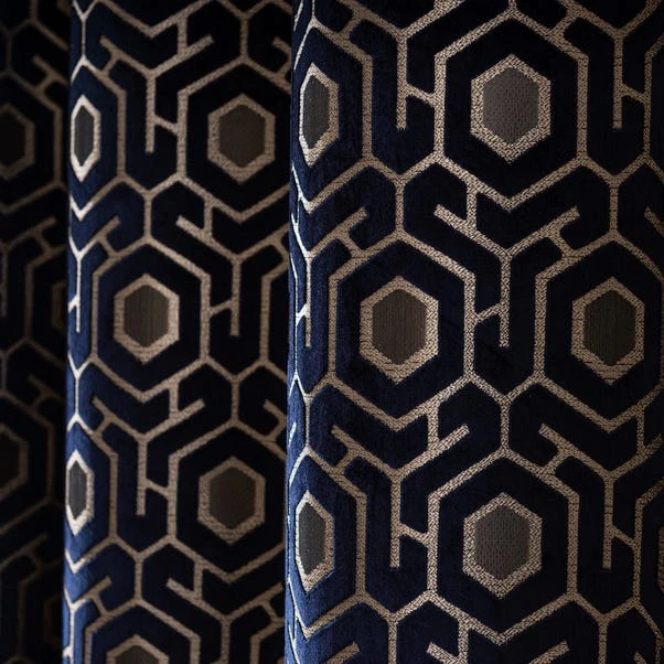 Dunelm Geo Cut Velvet Navy Eyelet Curtains 5 Dunelm Geo Cut Velvet Navy Eyelet Curtains - Image 3