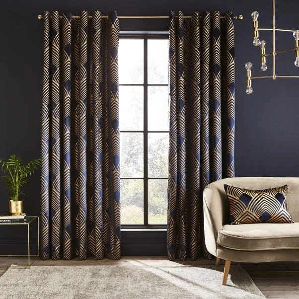 Dunelm Velvet Geo Foil Navy Eyelet Curtains 4 Dunelm Velvet Geo Foil Navy Eyelet Curtains - Image 2