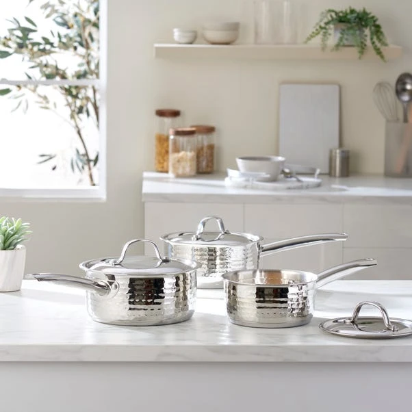 Dunelm Hammered 3 Piece Sauce Pan Set 3 Dunelm Hammered 3 Piece Sauce Pan Set