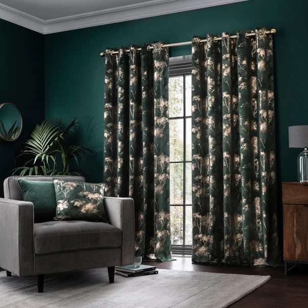 Dunelm Velour Tree Print Emerald Eyelet Curtains 4 Dunelm Velour Tree Print Emerald Eyelet Curtains - Image 2
