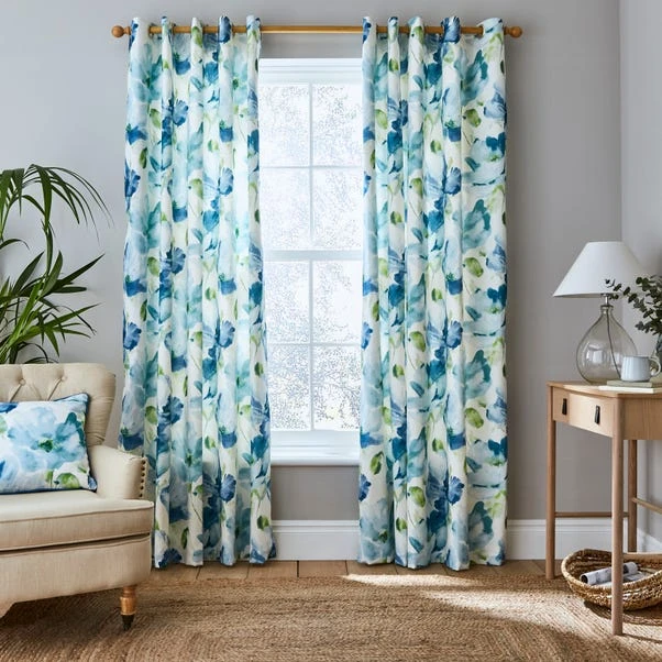 Dunelm Watercolour Floral Blue Eyelet Curtains 4 Dunelm Watercolour Floral Blue Eyelet Curtains - Image 2