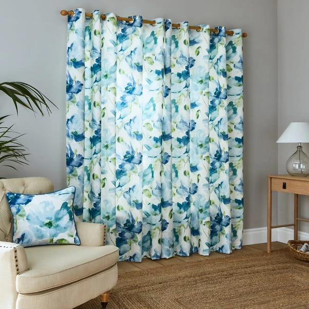 Dunelm Watercolour Floral Blue Eyelet Curtains 6 Dunelm Watercolour Floral Blue Eyelet Curtains - Image 4