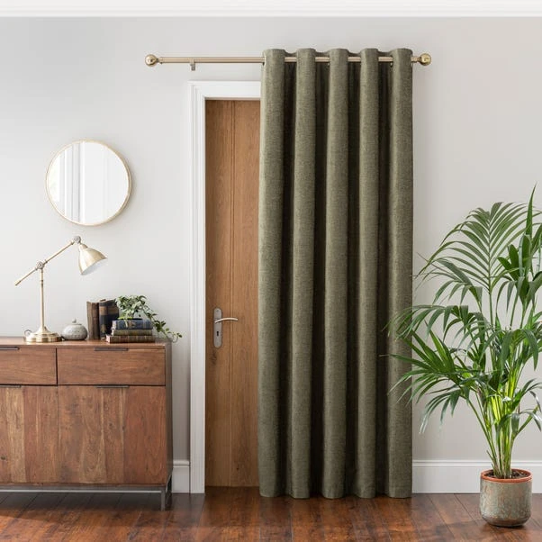 Dunelm Chenille Olive Thermal Eyelet Door Curtain 4 Dunelm Chenille Olive Thermal Eyelet Door Curtain - Image 2