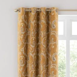 Dunelm Chenille Scroll Ochre Eyelet Curtains