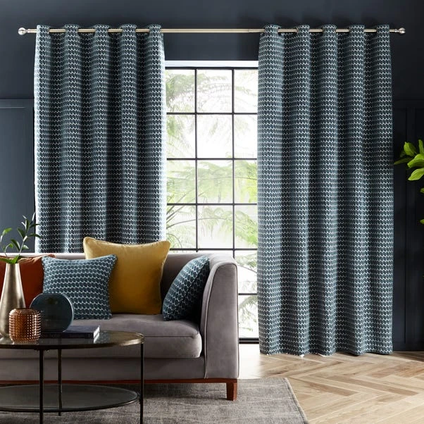 Dunelm Laurent Geo Teal Eyelet Curtains 4 Dunelm Laurent Geo Teal Eyelet Curtains - Image 2
